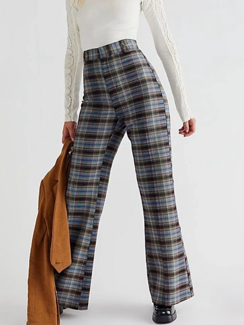Free People High-Waist Structured Plaid Wide-Leg Trousers  for Fall/Winter